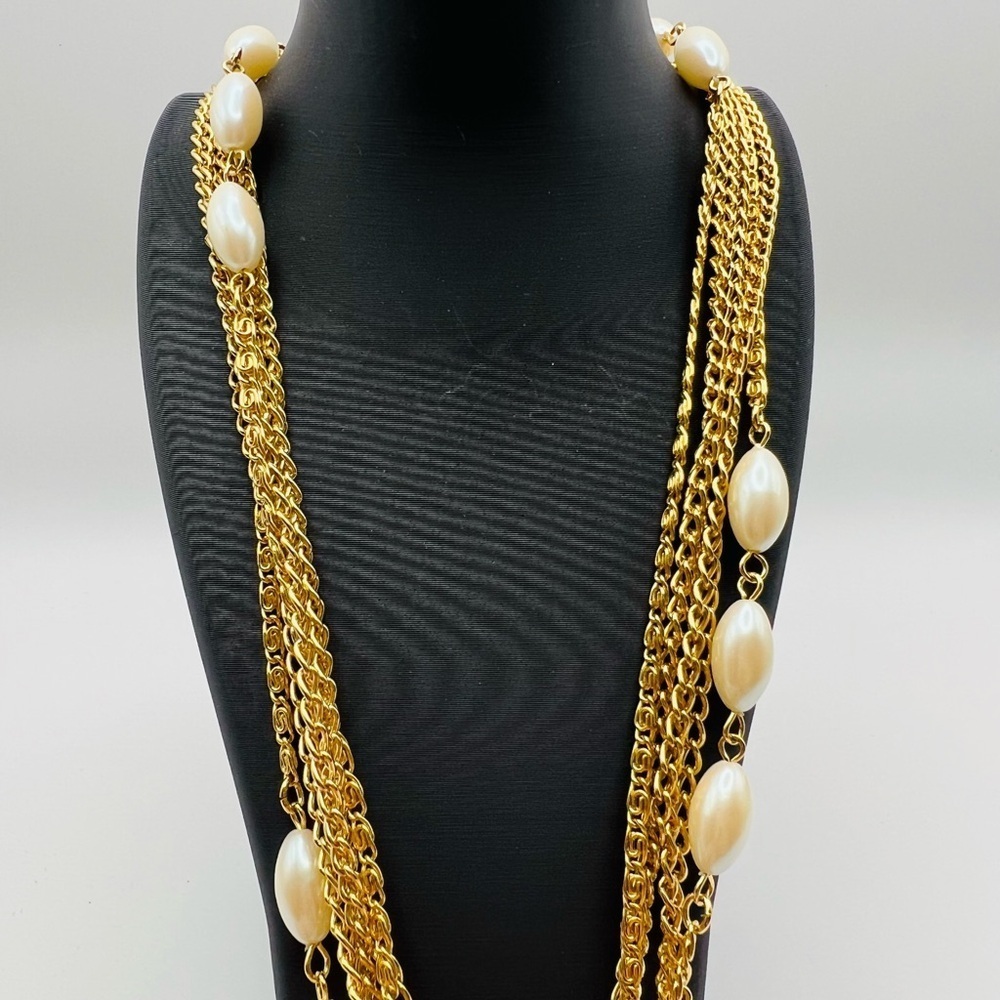 Vintage Multi Strand Gold Chain Necklace w Faux Pearls w Box